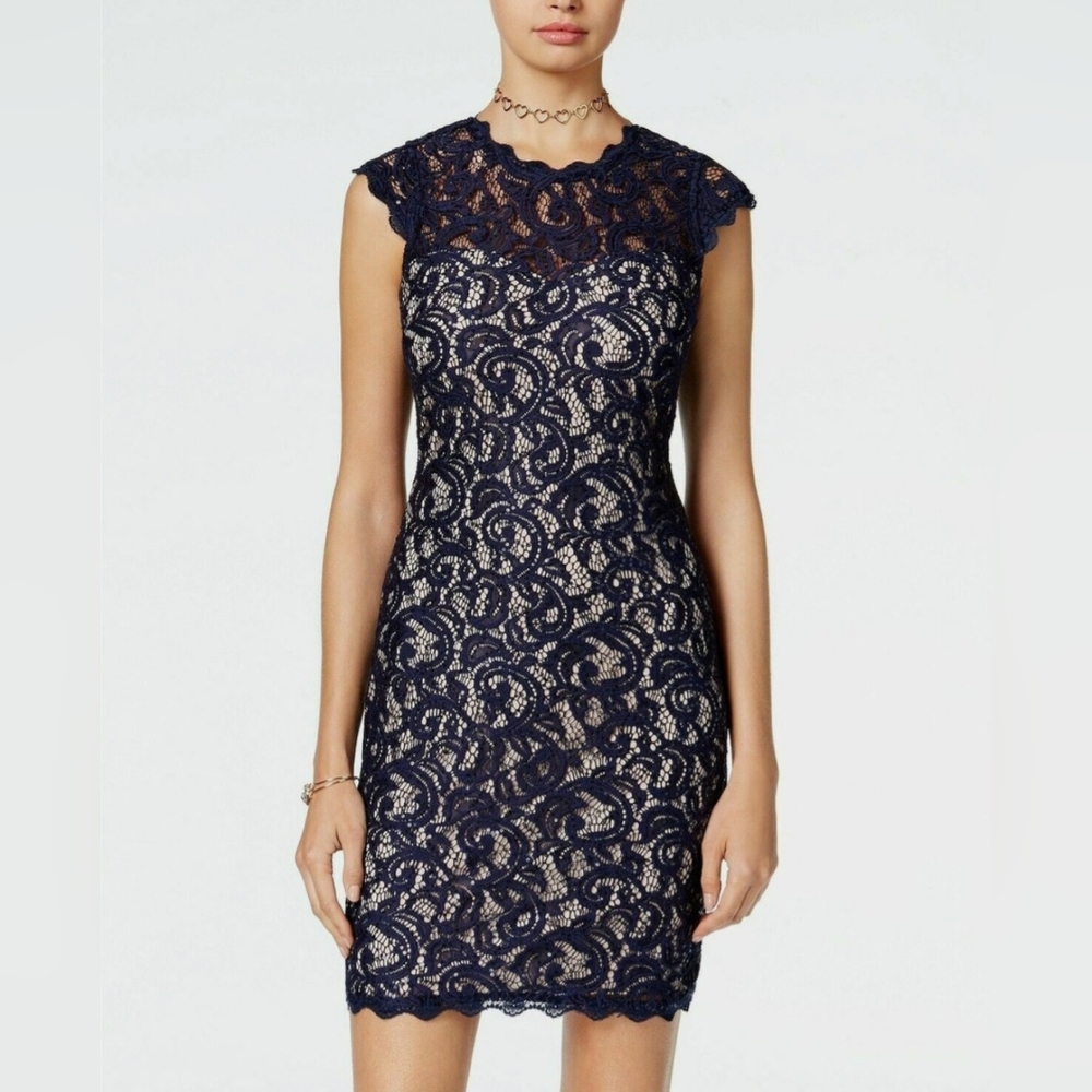 Beautiful Sheath Lace Dress, Navy Blue, Nude underlayer, Sequins, Juniors 13